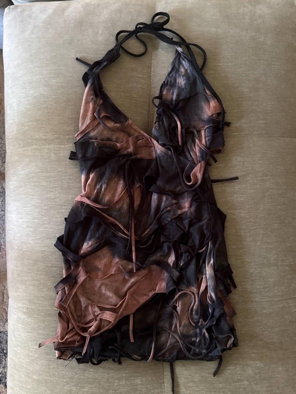 SHEIN Brown and Black Tie-Dye Ruffle Halter Top